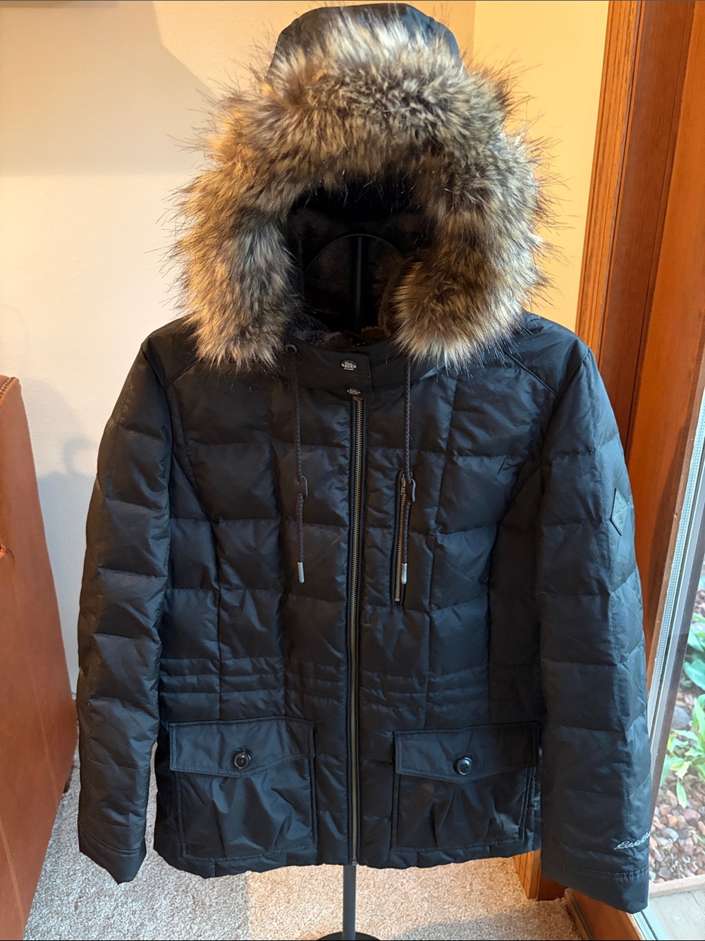 Eddie Bauer Black Hooded Puffer Jacket with Removable Faux Fur Trim and Hood